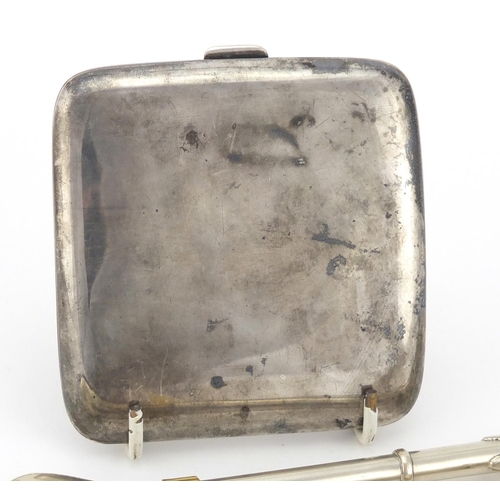 2367 - Rectangular silver cigarette case and two silver coloured metal bombilla pipes, the case by William ... 