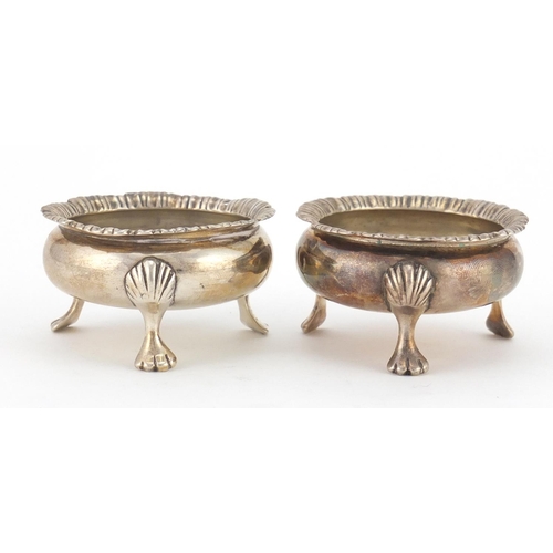 2350 - Pair of Victorian silver three footed open salts, indistinct makers mark London 1886, 5.7cm in diame... 