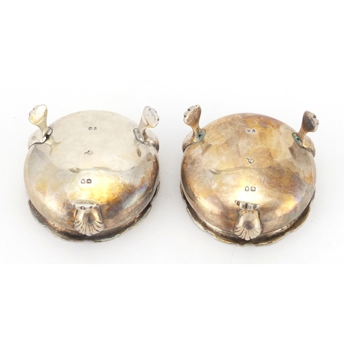 2350 - Pair of Victorian silver three footed open salts, indistinct makers mark London 1886, 5.7cm in diame... 