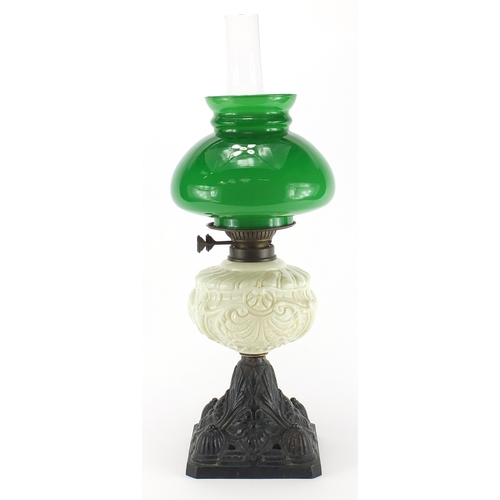 2228 - Victorian cast iron oil lamp with duplex burner, glass reservoir and shade, 56cm high