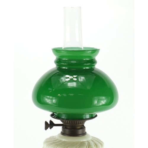 2228 - Victorian cast iron oil lamp with duplex burner, glass reservoir and shade, 56cm high