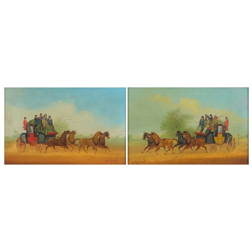 2260 - Figures and stagecoaches, pair of oil on boards, each bearing a signature Rowland, framed, each 26.5... 