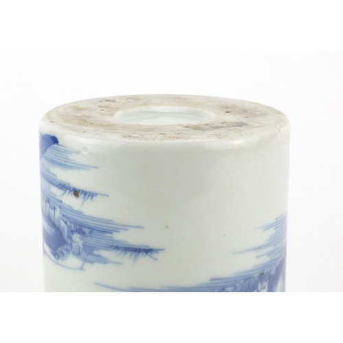 2098 - Chinese blue and white porcelain cylindrical brush pot, hand painted with a fisherman in a continuou... 