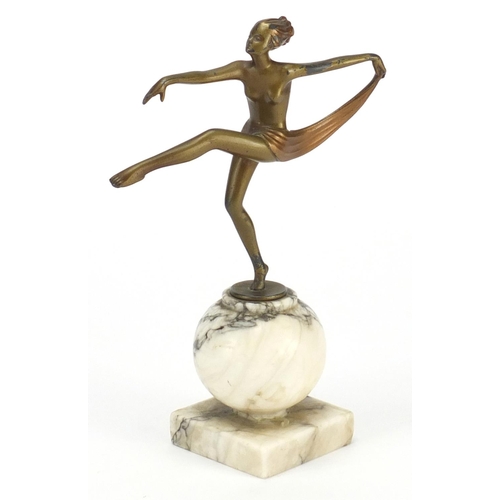 2099 - Art Deco bronzed figurine of a semi nude dancer raised on a marble base, 21cm high
