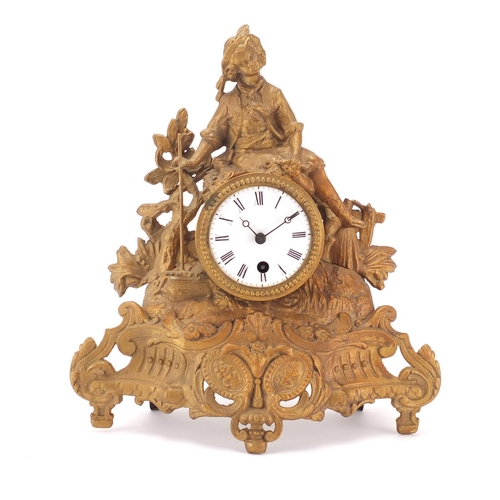 2110 - French gilt metal mantel clock mounted with a figure, the enamelled dial with Roman numerals, 32cm h... 