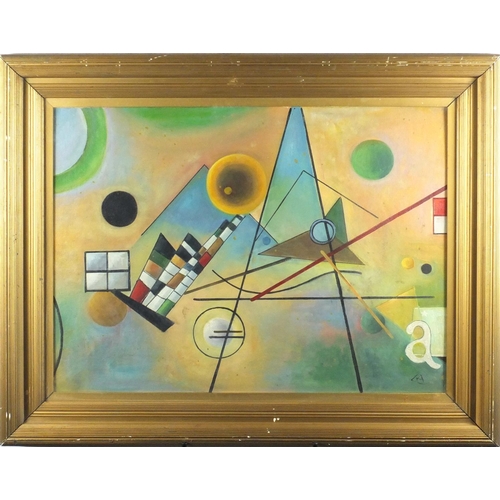 2120 - Abstract composition, geometric shapes, Russian school oil, bearing a monogram K and inscriptions Ka... 