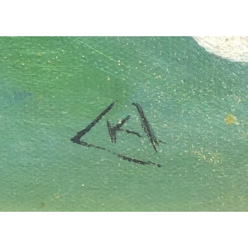 2120 - Abstract composition, geometric shapes, Russian school oil, bearing a monogram K and inscriptions Ka... 