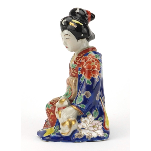 2131 - Japanese hand painted porcelain figurine of a Geisha girl in a robe, hand painted with flowers, 17.5... 