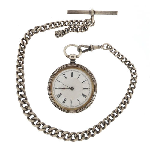 2436 - Ladies silver open face pocket watch on a silver watch chain, the pocket watch 4cm in diameter, appr... 