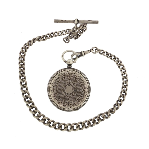 2436 - Ladies silver open face pocket watch on a silver watch chain, the pocket watch 4cm in diameter, appr... 
