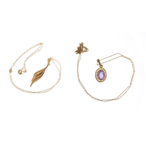 2485 - Two 9ct gold pendants on 9ct gold necklaces, one set with amethyst, approximate weight 2.2g
