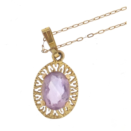2485 - Two 9ct gold pendants on 9ct gold necklaces, one set with amethyst, approximate weight 2.2g