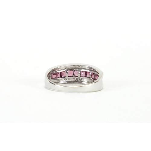 2427 - 9ct white gold pink stone and diamond half eternity ring, size P, approximate weight 2.9g