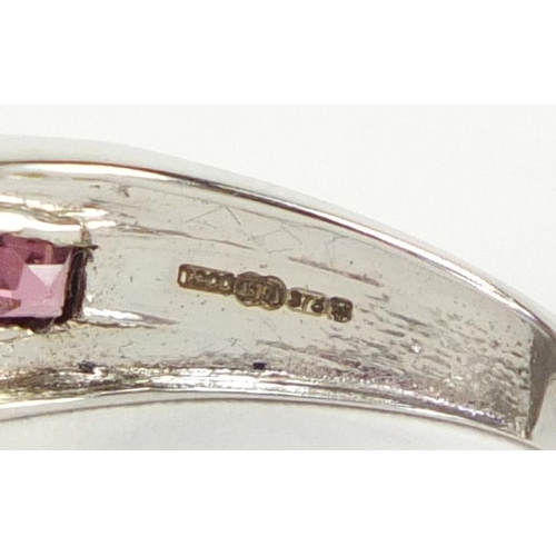 2427 - 9ct white gold pink stone and diamond half eternity ring, size P, approximate weight 2.9g