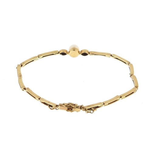 2469 - 9ct gold pearl and diamond bracelet, 16cm in length, approximate weight 5.5g