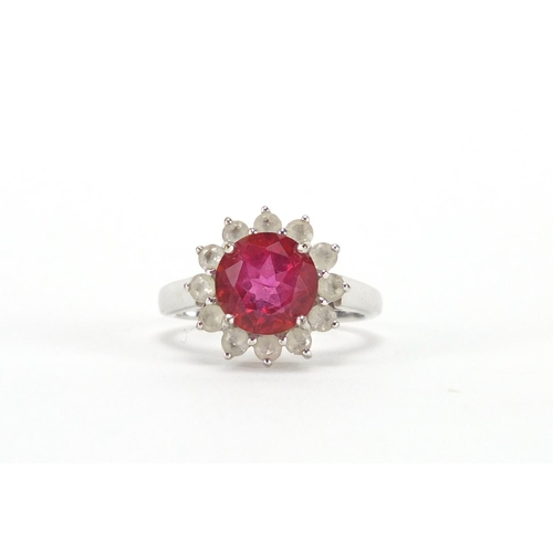 2424 - 9ct white gold pink and clear stone flower head ring, size N, approximate weight 4.8g