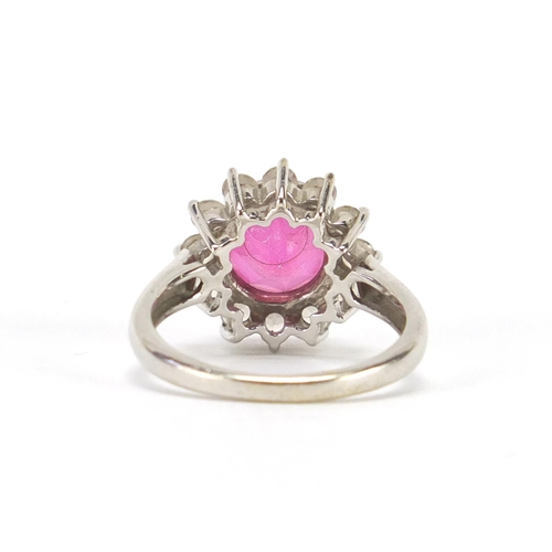 2424 - 9ct white gold pink and clear stone flower head ring, size N, approximate weight 4.8g