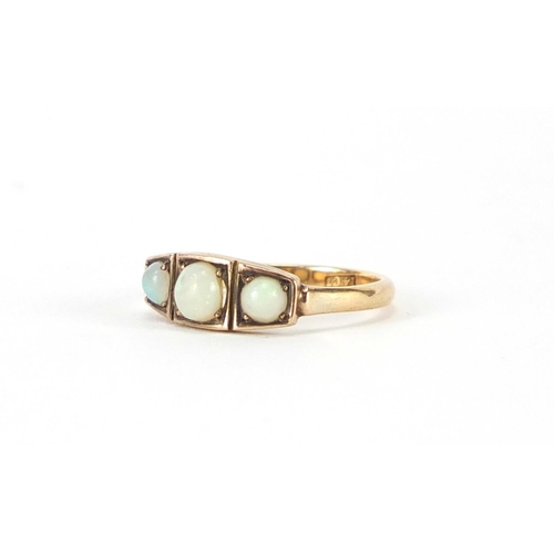 2439 - 14ct gold opal three stone ring, size K, approximate weight 1.8g