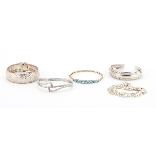 2474 - Five silver bracelets and bangles, some set with colourful stones, approximate weight 95.6g