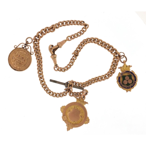 2383 - 9ct rose gold watch chain, with three 9ct gold enamelled sports jewels, the chain 36cm in length, ap... 