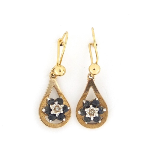 2435 - Pair of  9ct gold sapphire and diamond earrings, 2.6cm in length, approximate weight 2.2g