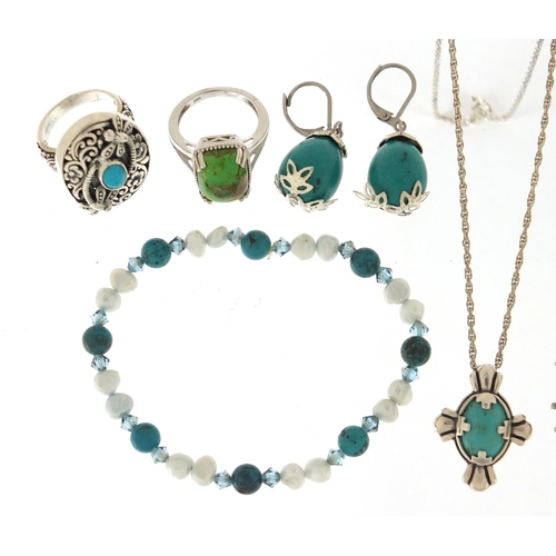 2430 - Silver and turquoise jewellery comprising two rings, two pairs of earrings, two pendants and two bra... 