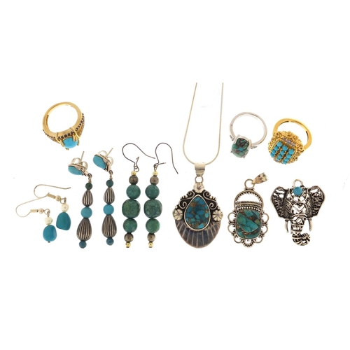 2486 - Silver and turquoise jewellery comprising three rings, three pendants and three pairs of earrings, a... 
