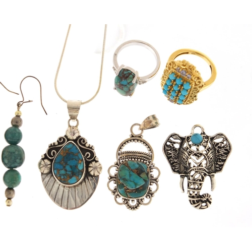 2486 - Silver and turquoise jewellery comprising three rings, three pendants and three pairs of earrings, a... 