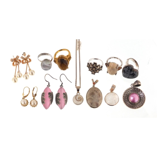 2425 - Silver semi precious stone jewellery comprising five rings, four pendants and three pairs of earring... 