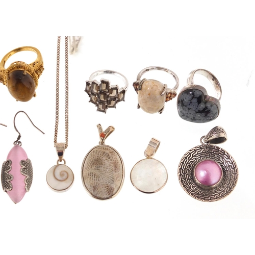 2425 - Silver semi precious stone jewellery comprising five rings, four pendants and three pairs of earring... 