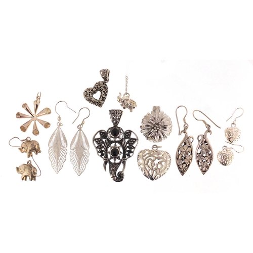 2450 - Silver jewellery comprising four pairs of earrings and six pendants, approximate weight 58.2g