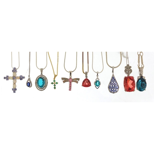2434 - Ten silver semi precious stone pendants on silver necklaces, approximate weight 75.2g
