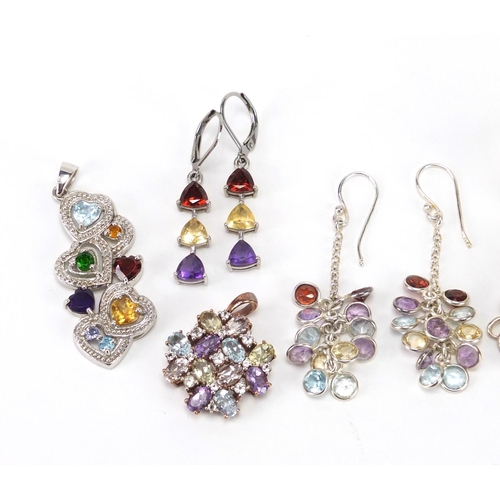 2457 - Silver semi precious stone jewellery comprising three pendants, two rings and two pairs of earrings,... 