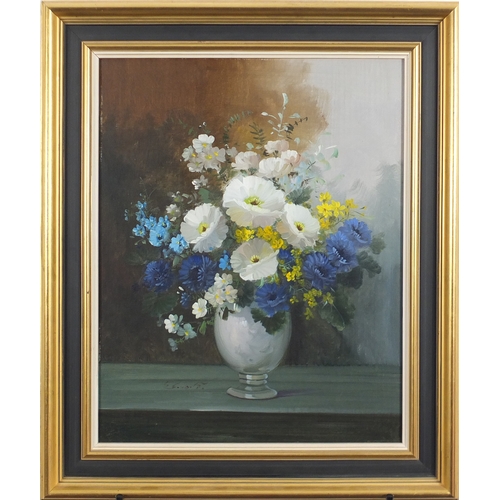 2226 - Still life flowers in a vase, oil on board, bearing an indistinct signature possibly Edward, mounted... 