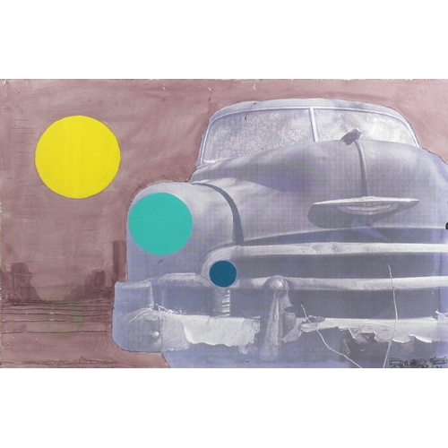 2122 - Chevrolet - contemporary modern oil and mixed media on canvas bearing a signature Robert P, framed, ... 