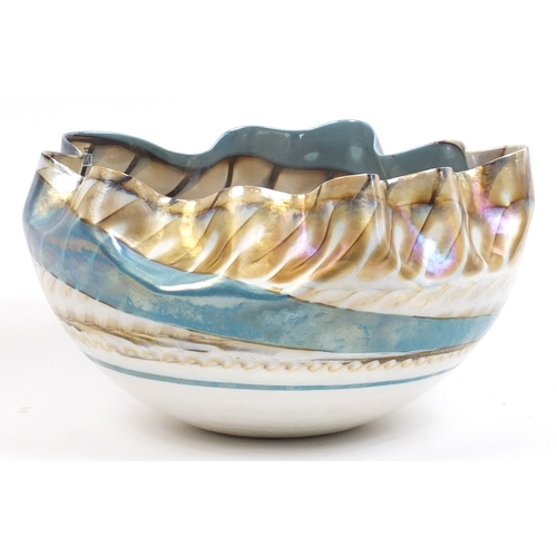 2112 - Large Murano Bifora iridescent glass centre bowl with label, 27cm high x 48cm in diameter