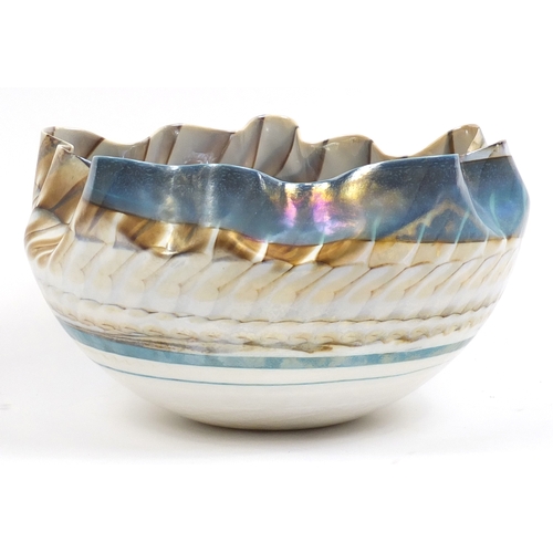 2112 - Large Murano Bifora iridescent glass centre bowl with label, 27cm high x 48cm in diameter