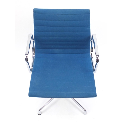 2033 - Charles and Ray Eames EA107 design desk chair with turquoise upholstery, 82cm high