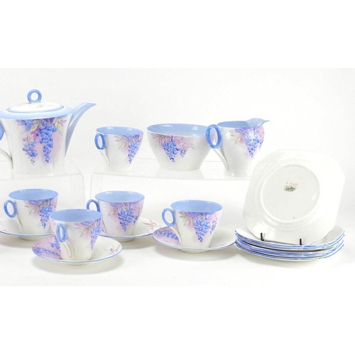 2124 - Art Deco six place tea service by Shelley, hand painted with flowers including teapot, milk jug and ... 