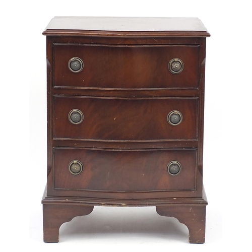 20 - Mahogany serpentine front three drawer chest, 66cm H x 49cm W x 38cm D