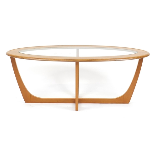 106 - Oval teak effect coffee table with glass top, 40cm H x 106cm W x 53cm D