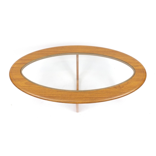106 - Oval teak effect coffee table with glass top, 40cm H x 106cm W x 53cm D