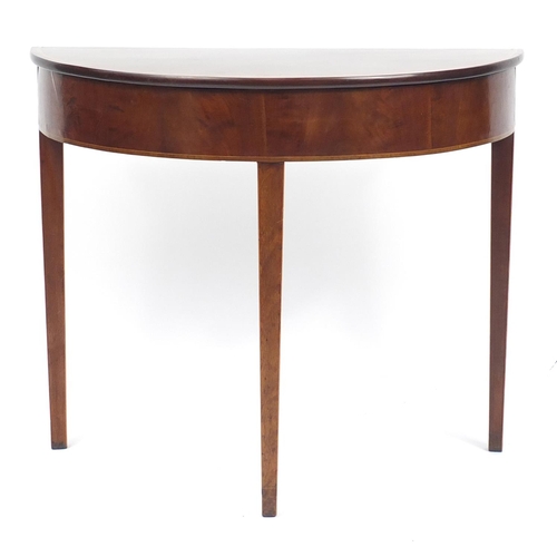 60 - Inlaid mahogany demi Lune side table, 73cm H x 88cm W x 44cm D