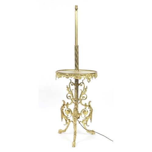 182A - Ornate brass standard lamp with onyx drinks tray, grotesques heads and hoof feet, 145cm high