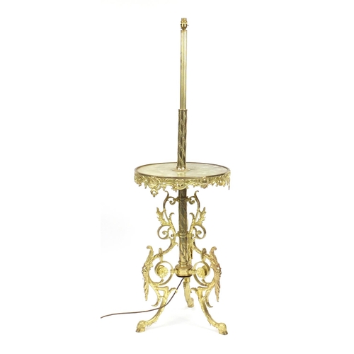 182A - Ornate brass standard lamp with onyx drinks tray, grotesques heads and hoof feet, 145cm high