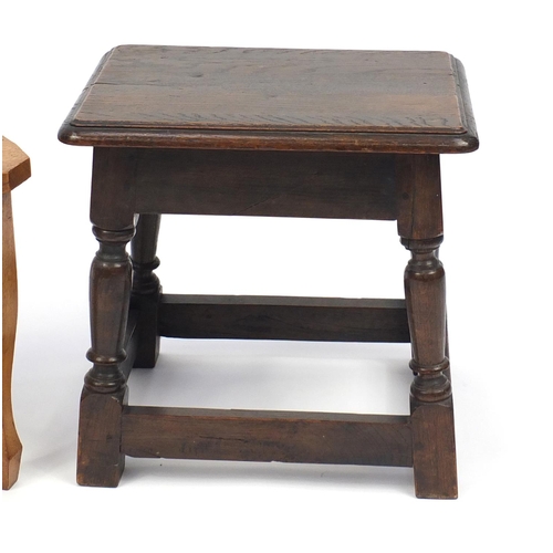 118 - Oak joint stool and a walnut table, the largest 69cm wide