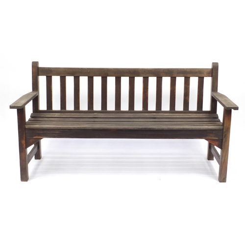 70 - Stained wooden slated garden bench, 158cm wide