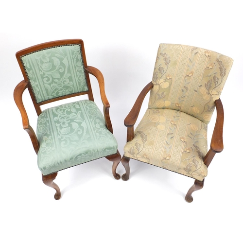 152 - Mahogany framed carver chair with green floral upholstered back and stuff over seat, together with o... 