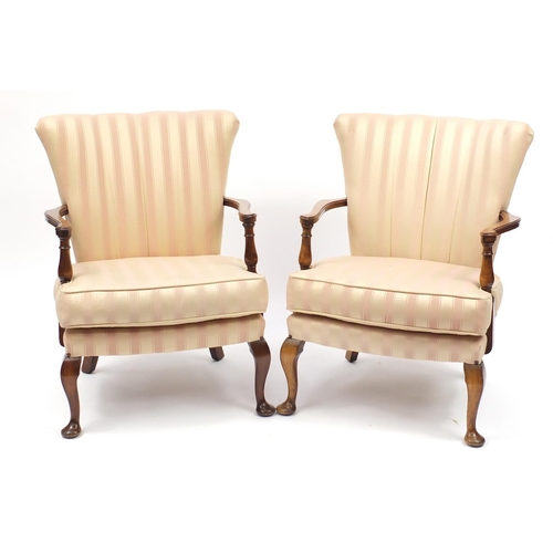 49 - Pair of mahogany framed elbow chairs, with pink striped upholstery, 82cm high