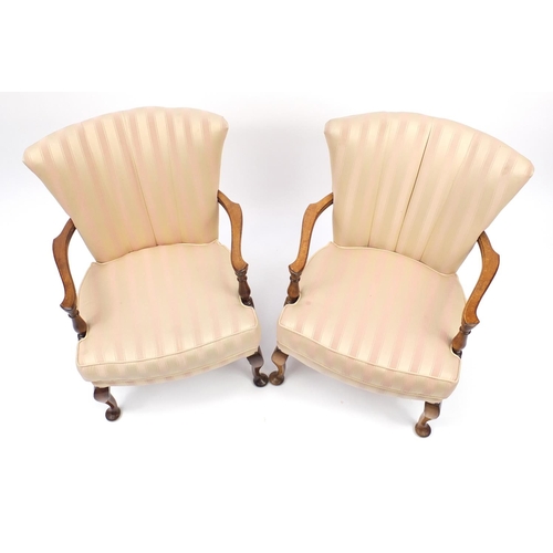 49 - Pair of mahogany framed elbow chairs, with pink striped upholstery, 82cm high